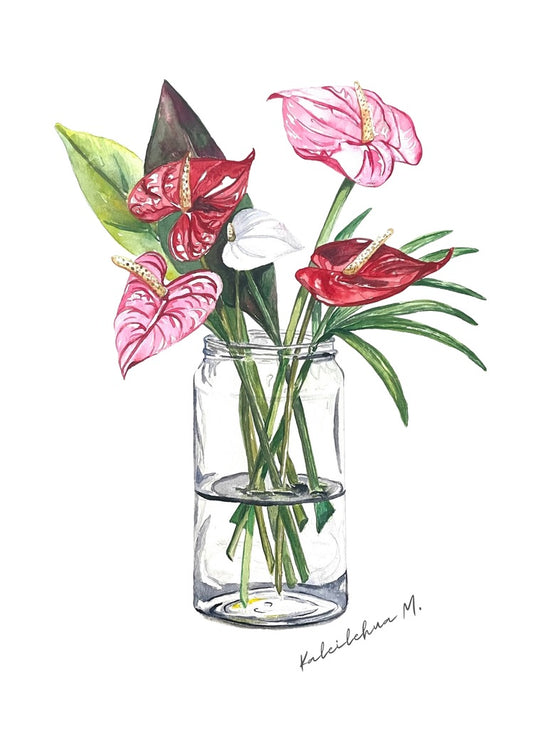 Realistic watercolor painting of a red and pink Anthurium and foliage in glass vase on a greeting card, blank inside