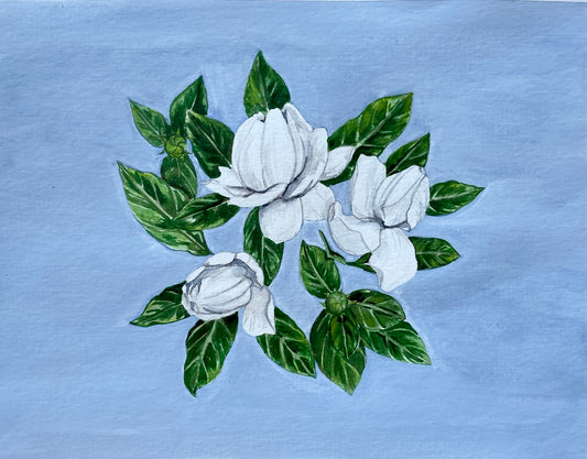 Watercolor white Gardenia with green foliage and blue background