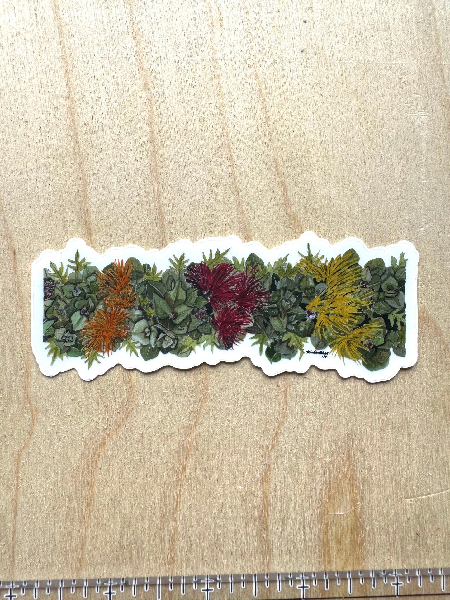 Watercolor painting of a Lehua lei, red, yellow and orange lehua with green leaves as a sticker.