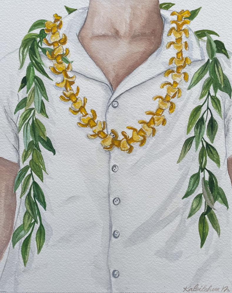 Watercolor painting of a man from the neck down to his white button down shirt with pua kenikeni lei and maile lei.