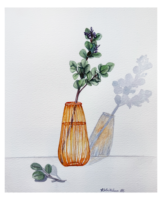 Watercolor painting of native Hawaiian Pōhinahina plant clipping in a warm amber edgy vase with warm light dancing in the shadow on the walls.