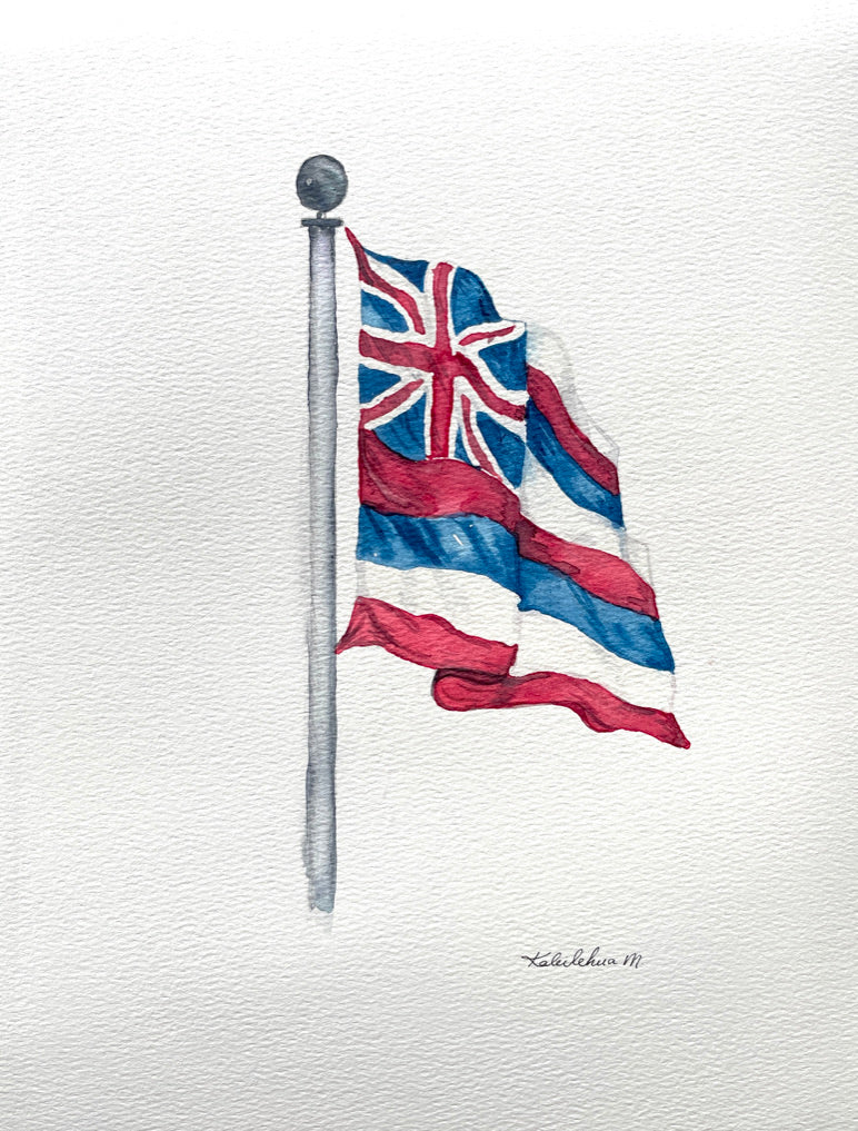 Hae Hawaii, Hawaiian flag hung on a pole, waving in the wind with a white background.