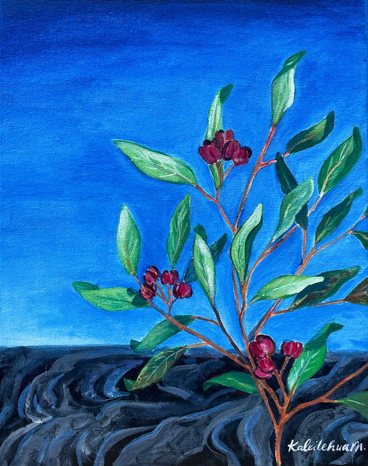 Acrylic painting of red 'A'ali'i seed capsules on a shrub on lava rocks with blue skies. 