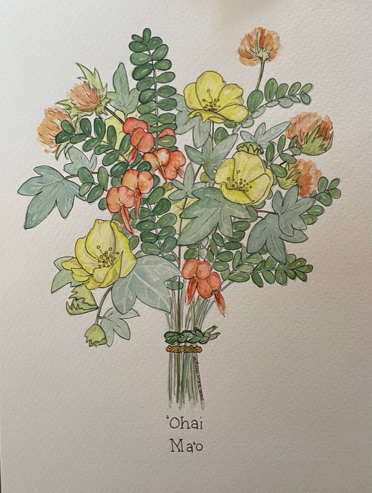 Watercolor bouquet of native Hawaiian flowers of Ma'o and 'ohai with a lot of foliage.