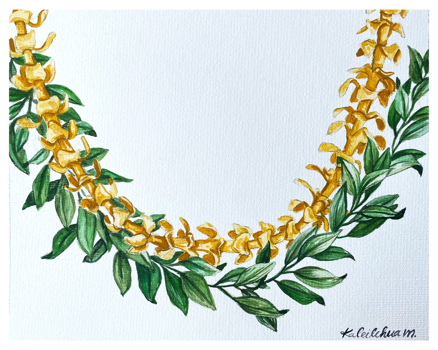 Watercolor Maile lei and Pua Kenikeni lei strands with white background.