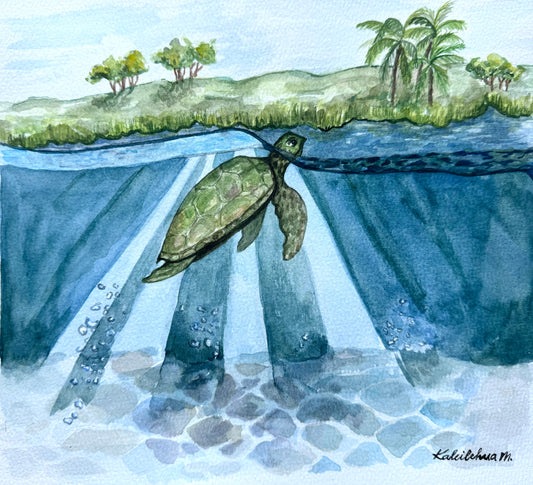 Watercolor painting of a honu (turtle) in clear blue water as she comes up for air. Landscape of green tall grass and coconut trees.  