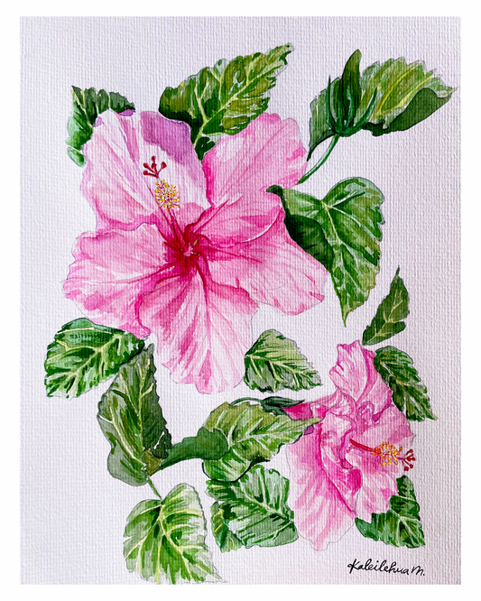 Watercolor Pink Hibiscus with green foliage and white background.