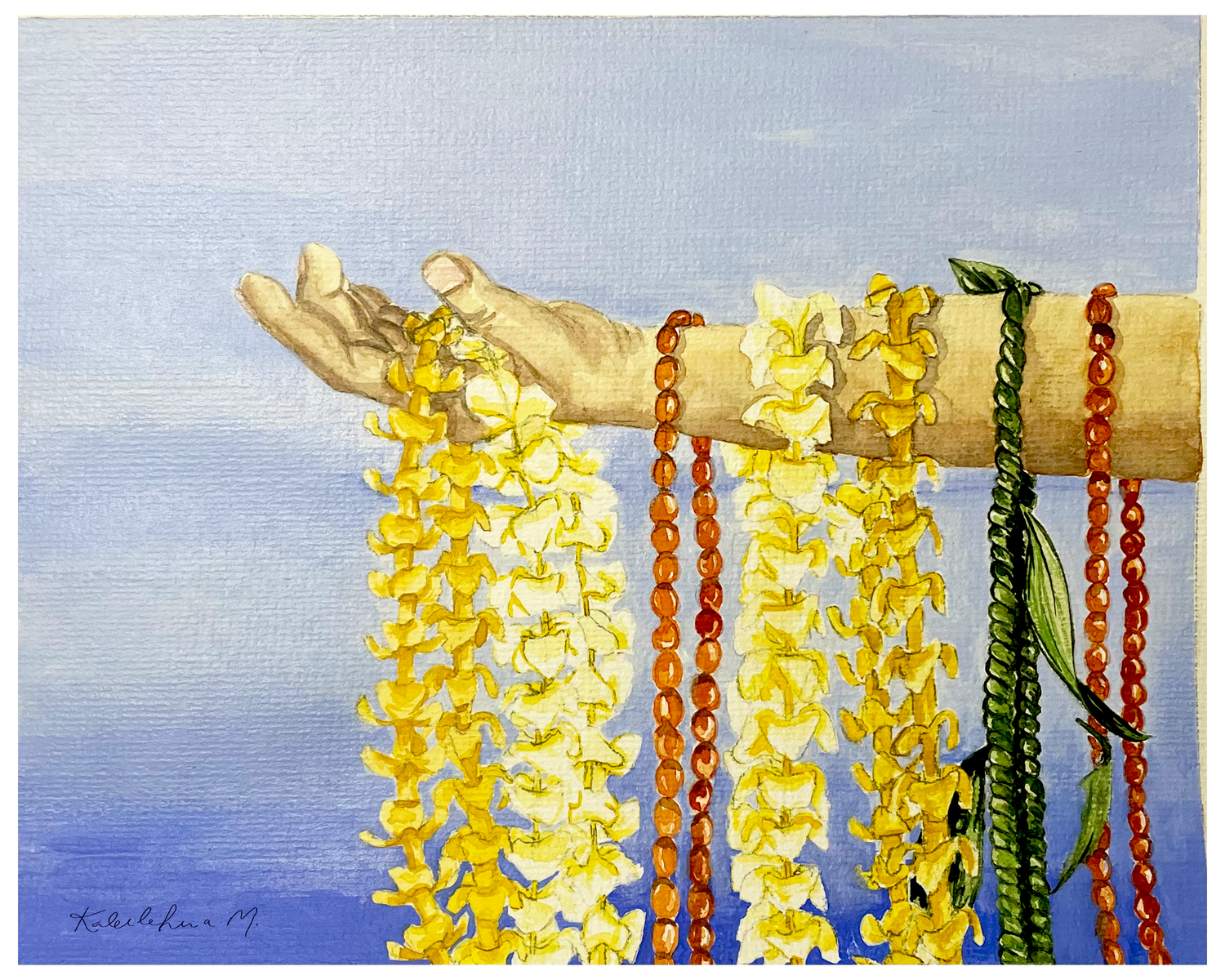 Watercolor of hand holding Puakenikeni lei, Plumeria lei, Wiliwili lei, and ti leaf lei with blue background.